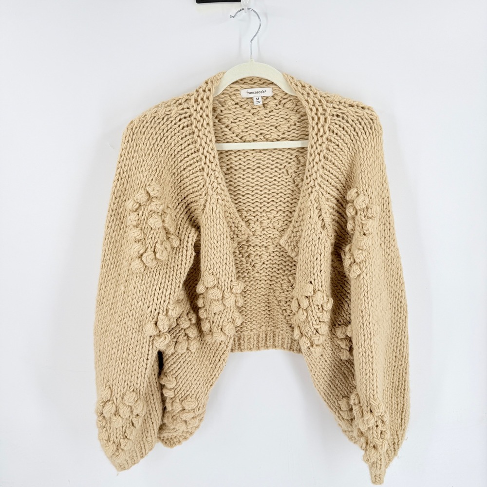 Francesca's Cardigan Beige M Bobble Knit Popcorn Open Front Chunky Sweater